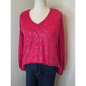 Hot Pink Long Sleeve Sequin Blouse Size Small